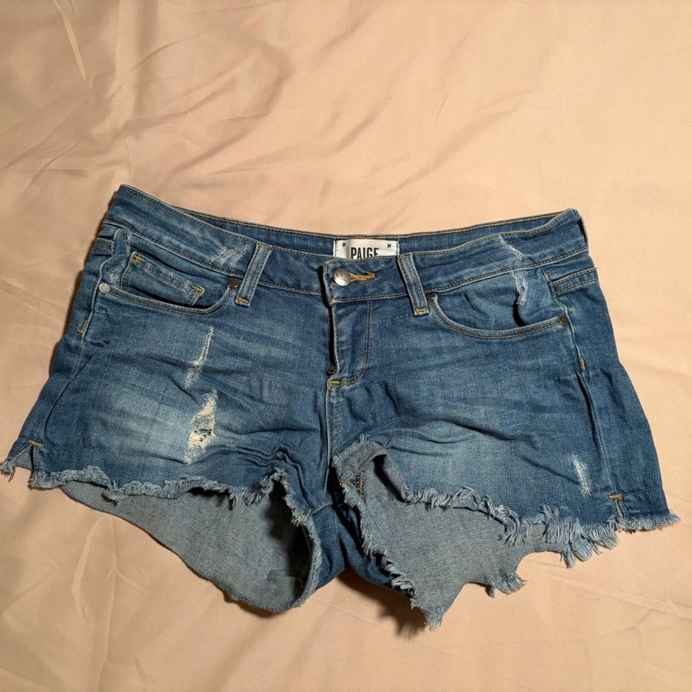 PAIGE Frayed Hem Distressed Jean Shorts in Medium Blue